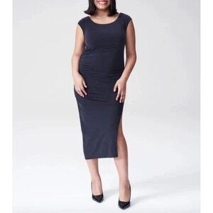 Universal Standard Rachel Ruched Draped Midi Dress Elevated Basic Quiet Luxury